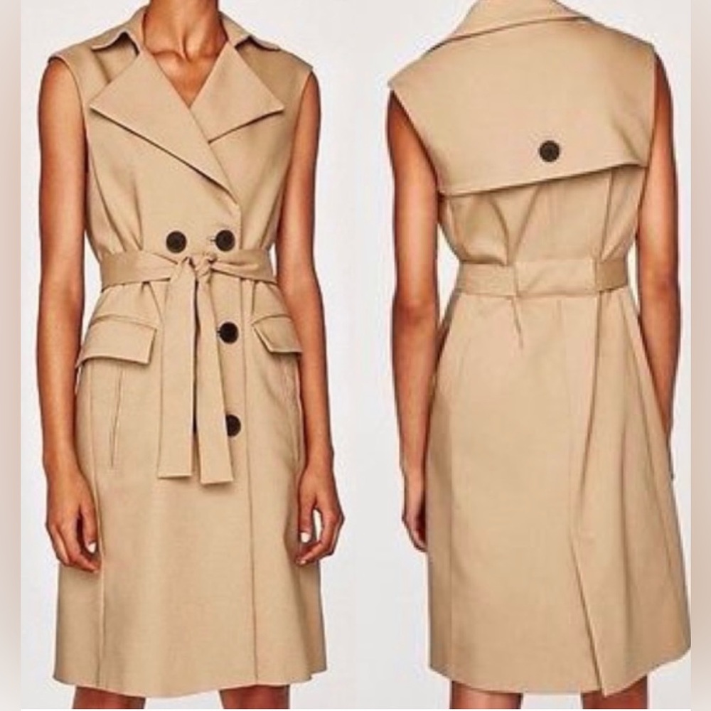 Zara tan belted sleeveless trench coat vest dress - Size L